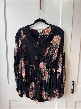 Eclipse Black Boho Blouse with Lace V-Neck